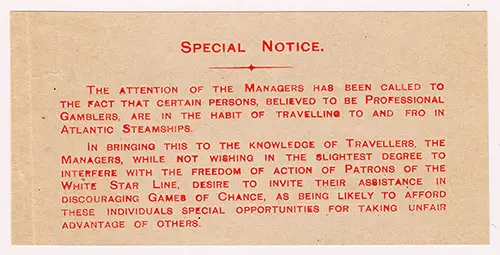Special Notice - Professional Gamblers Alert included with the RMS Cymric Passenger List, 7 September 1906.