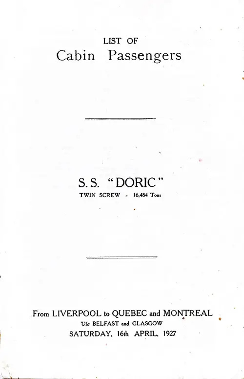 Title Page, SS Doric Cabin Passenger List, 16 April 1927.