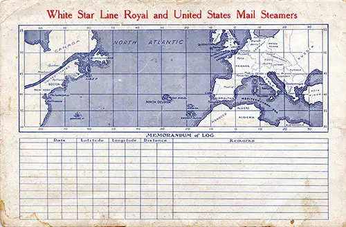 Track Chart and Memorandum of Log (Unused) for the RMS Doric of the White Star Line, 16 April 1927.