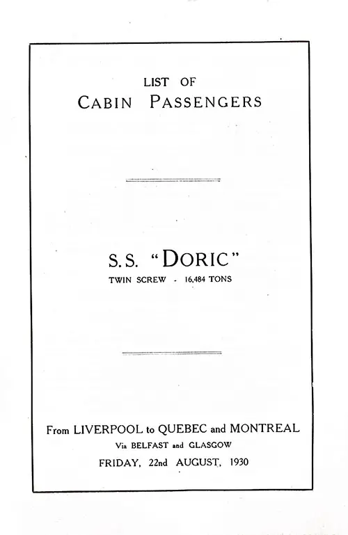 Title Page, SS Doric Cabin Passenger List, 22 August 1930.
