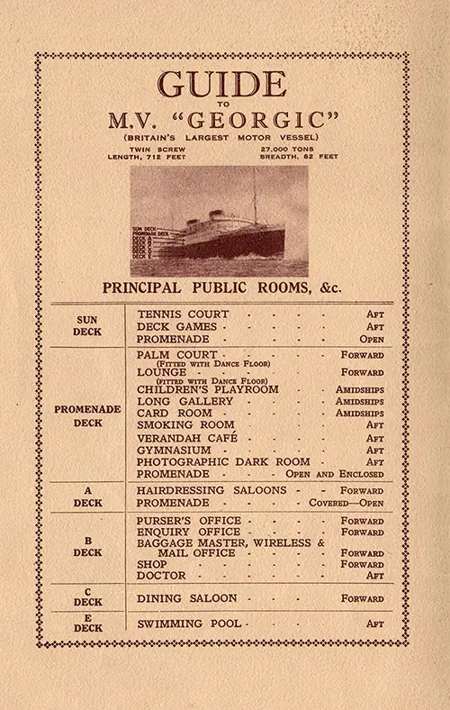 Guide to MV Georgic Principal Public Rooms.
