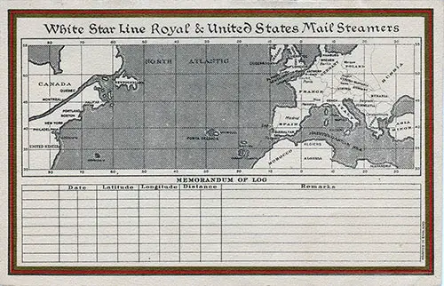 Back Cover, SS Georgic PassengerWhite Star Line Royal & United States Mail Steamers Track Chart and Memorandum of Log (Unused). List 30 July 1932