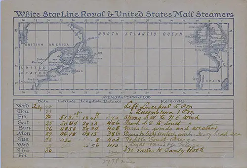 Track Chart and Memorandum of Log, SS Germanic Passenger List, 22 July 1896.