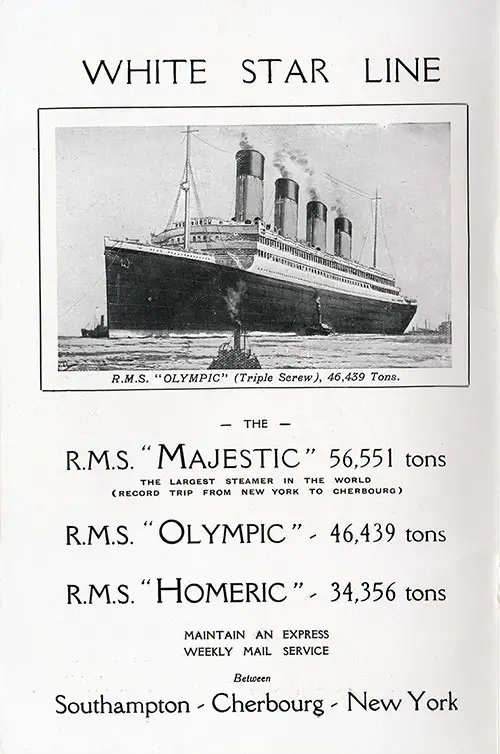 White Star Line 1923 Express Service Between Southampton-Cherbourg-New York by the Big Three.