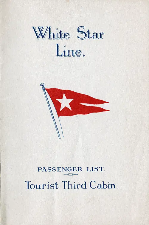 Front Cover, Tourist Third Cabin Passenger List from the RMS Homeric of the White Star Line, Departing Wednesday, 25 August 1926 from Southampton to New York.