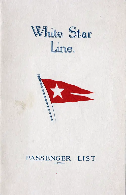 Front Cover, White Star Line RMS Homeric Tourist Third Cabin Passenger List - 8 August 1928.