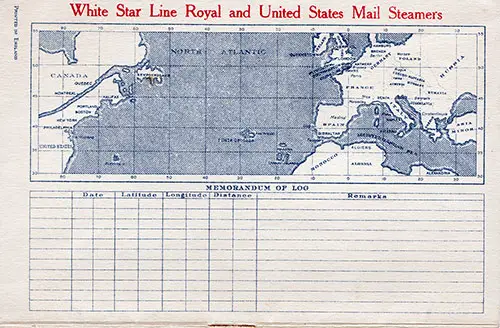 Track Chart and Memorandum of Log (Unused), RMS Homeric Passenger List, 8 August 1928.