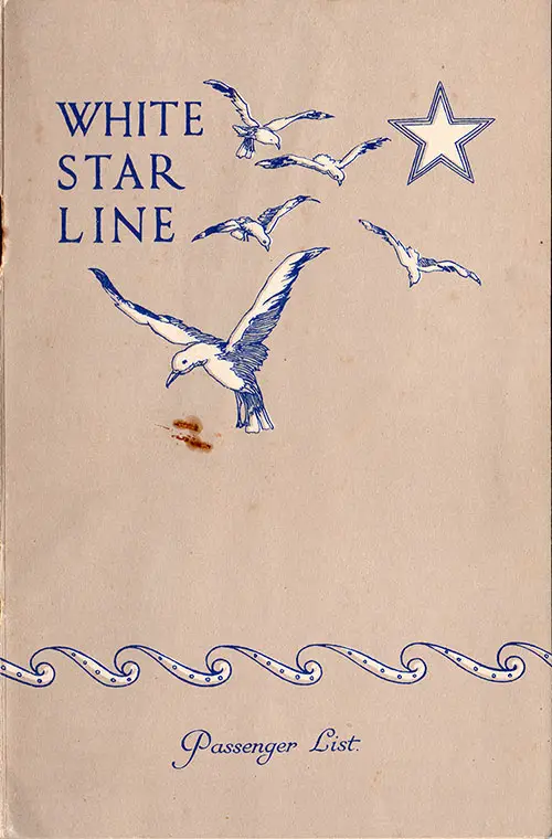 Front Cover, Second Class Passenger List from the RMS Homeric of the White Star Line, Departing 18 September 1929 from Southampton to New York.