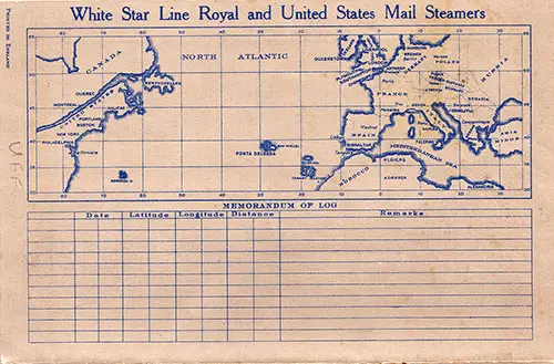 Track Chart and Memorandum of Log (Unused), RMS Homeric Passenger List, 18 September 1929.