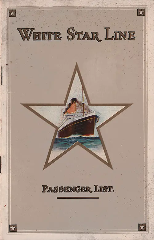 Front Cover of a First Class Passenger List for the RMS Homeric of the White Star Line, Departing Wednesday, 6 August 1930 from Southampton to New York.