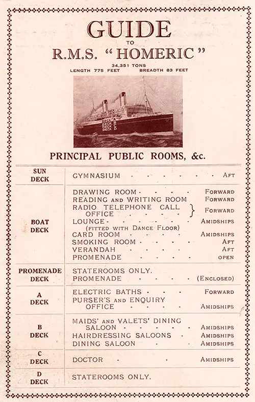 Guide to the RMS Homeric of the White Star Line, 1930.