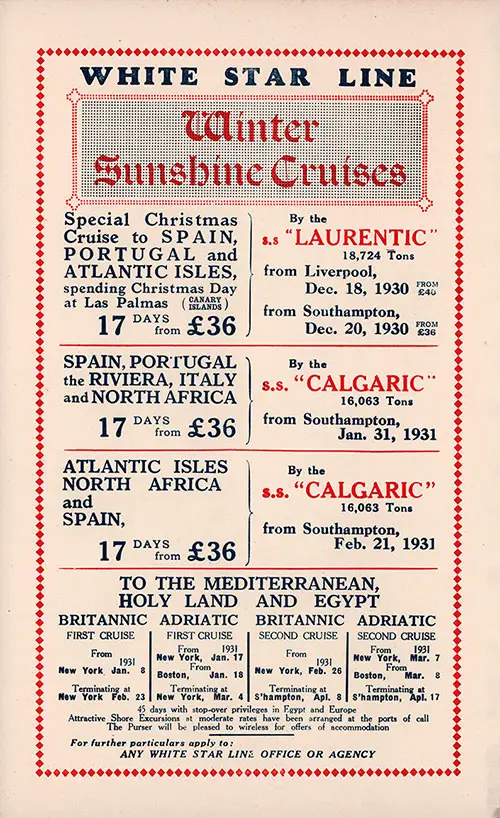 White Star Line Winter Sunshine Cruises for 1930-1931.