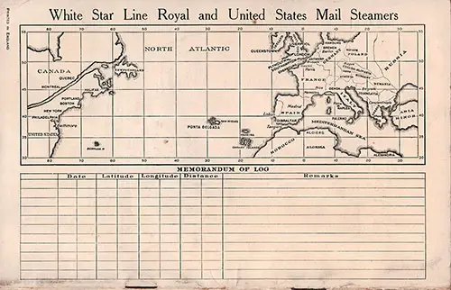 Track Chart and Memorandum of Log (Unused), SS Homeric First Class Passenger List, 6 August 1930.