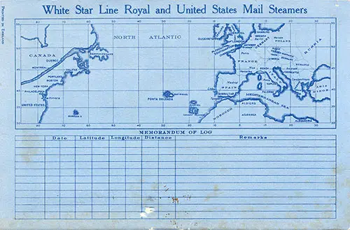 Track Chart and Memorandum of Log (Unused), RMS Homeric Tourist Third Cabin Passenger List, 6 August 1930.