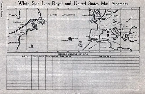 Track Chart and Memorandum of Log (Unused), RMS Homeric Passenger List, 24 June 1931.