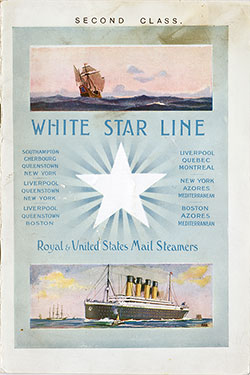 Front Cover, Second Class Passenger List for the RMS Laurentic of the White Star Line, Departed Tuesday, 24 June 1913 from Liverpool to Québec and Montréal.