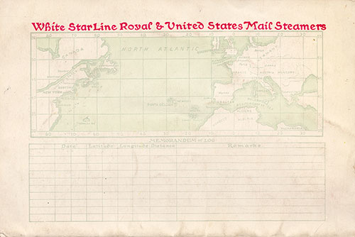 Track Chart and Memorandum of Log (Unused), SS Laurentic Second Class Passenger List, 24 June 1913.