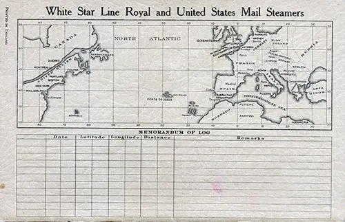 Track Chart and Memorandum of Log (Unused). SS Majestic Passenger List, 24 August 1927.