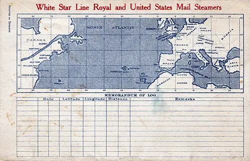 Track Chart and Memorandum of Log (Unused). RMS Majestic Passenger List, 15 August 1928.