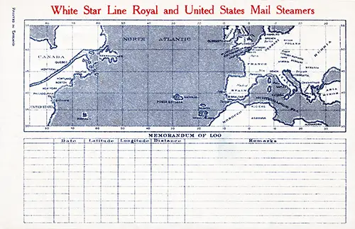 Track Chart and Memorandum of Log (Unused). RMS Majestic Passenger List, 15 August 1928.