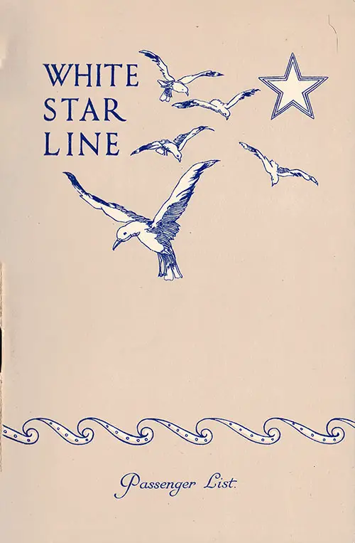 Front Cover, White Star Line RMS Majestic Second Cabin Passenger List - 4 September 1929.
