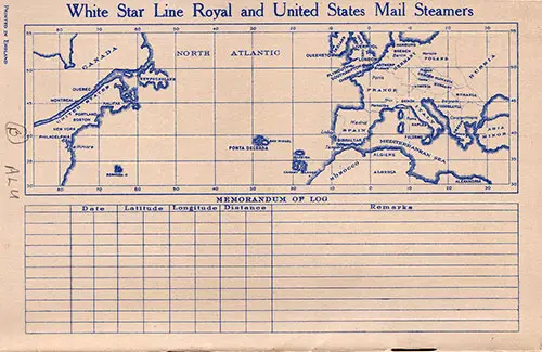 Track Chart and Memorandum of Log (Unused). RMS Majestic Passenger List, 4 September 1929.
