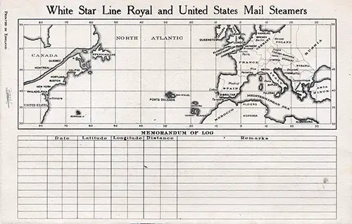 Track Chart and Memorandum of Log (Unused). RMS Majestic Passenger List, 10 August 1932.