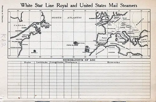 Track Chart and Memorandum of Log (Unused). RMS Majestic Passenger List, 23 August 1933.