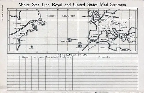 Track Chart and Memorandum of Log (Unused). RMS Majestic Passenger List, 8 August 1934.