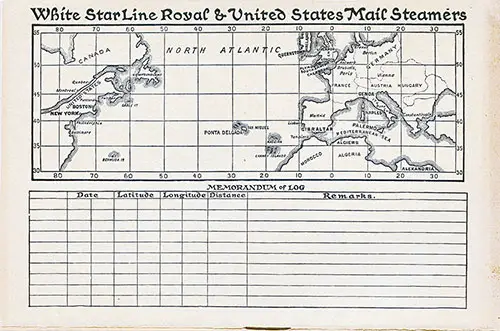 Track Chart and Memorandum of Log (Unused), RMS Oceanic Passenger List, 6 November 1907.