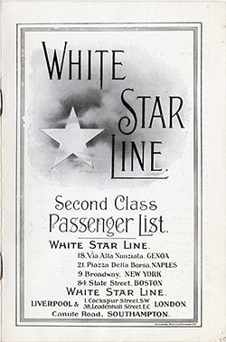 Front Cover, White Star Line RMS Olympic Second Class Passenger List - 8 September 1920.