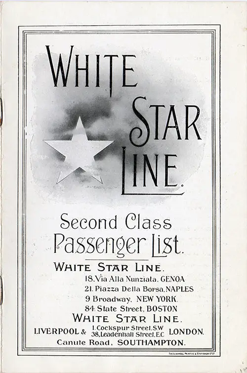 Front Cover, White Star Line RMS Olympic Second Class Passenger List - 8 September 1920.