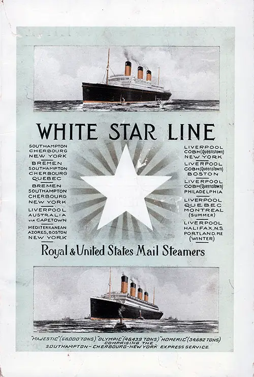 Front Cover, Second Class Passenger List from the RMS Olympic of the Cunard Line Sailing 23 August 1922.