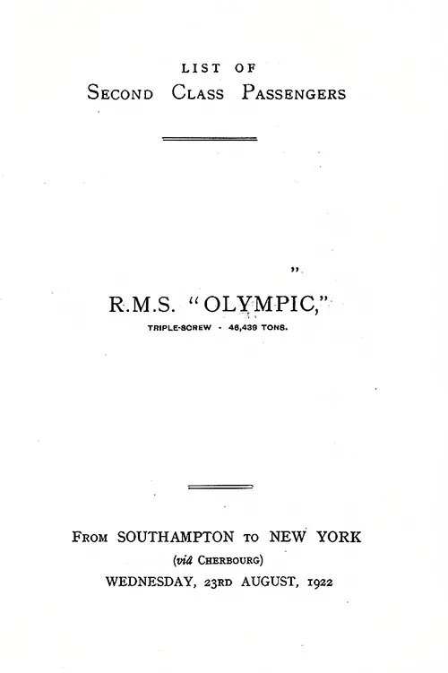 Title Page, RMS Olympic Second Class Passenger List, 23 August 1922.