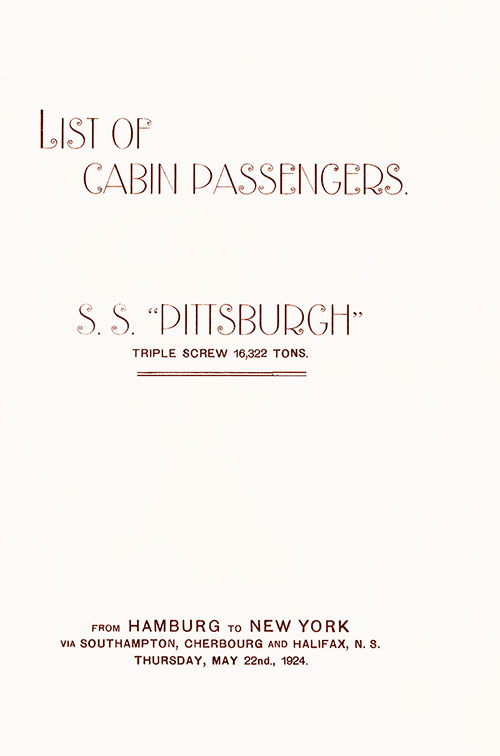 Title Page, SS Pittsburgh Cabin Passenger List, 22 May 1924.