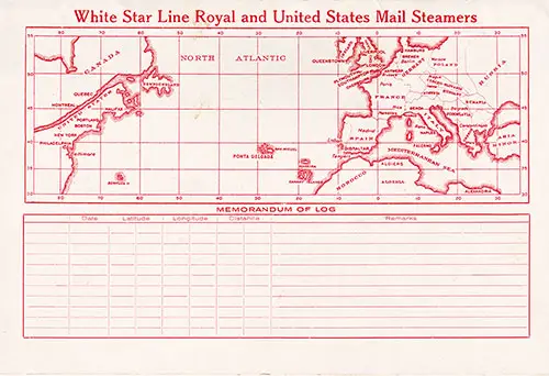 Track Chart and Memorandum of Log (Unused) from the RMS Pittsburgh Cabin Passenger List, 22 May 1924.