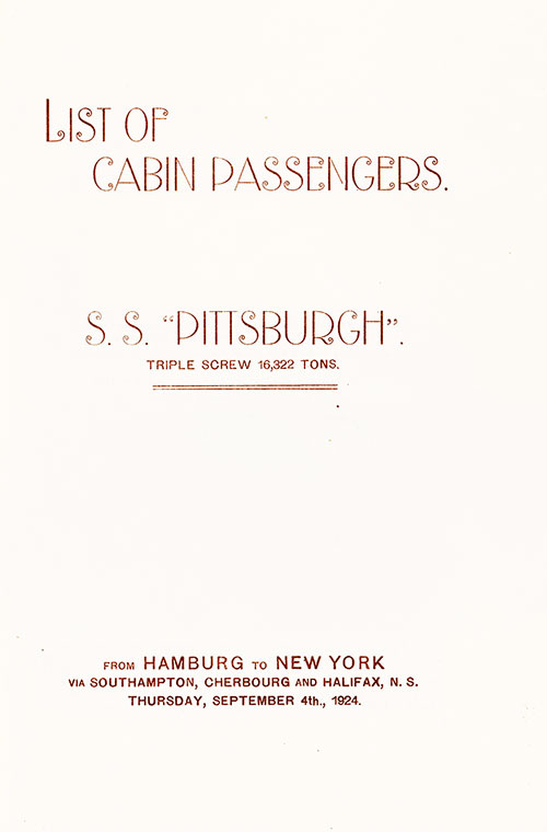 Title Page, SS Pittsburgh Cabin Passenger List, 4 September 1924.