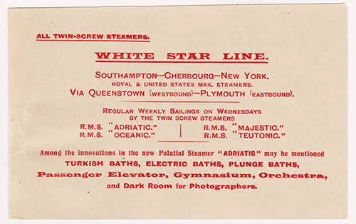 White Star Line All Twin-Screw Steamers. Insert to RMS Republic Passenger List, 14 August 1907.