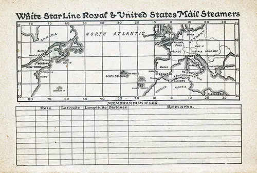 Track Chart and Memorandum of Log (Unused). RMS Republic Passenger List, 14 August 1907.