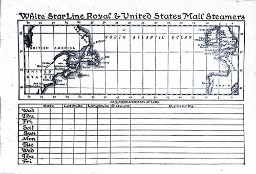 Track Chart and Memorandum of Log (Unused) on the Back Cover, White Star Line SS Teutonic Saloon Passenger List, 18 May 1898.