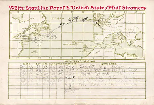 Track Chart and Memorandum of Log, Maintained by Passenger on the 14 September 1910 Voyage of the RMS Teutonic.