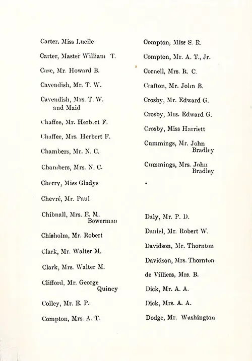 Page 5 of the First Class Passenger List, Listing Passengers Miss Lucile Carter through Mr. Washington Dodge