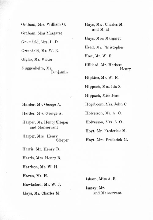 Page 7 of the First Class Passenger List, Listing Passengers Mrs. William G. Graham through Mr. Ismay and Manservant