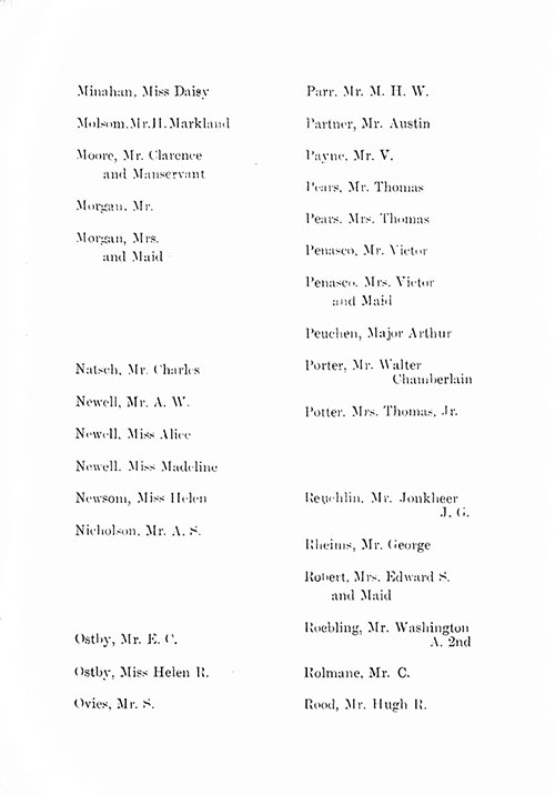 Page 9 of the First Class Passenger List, Listing Passengers Miss Daisy Minahan through Mr. Hugh R. Rood