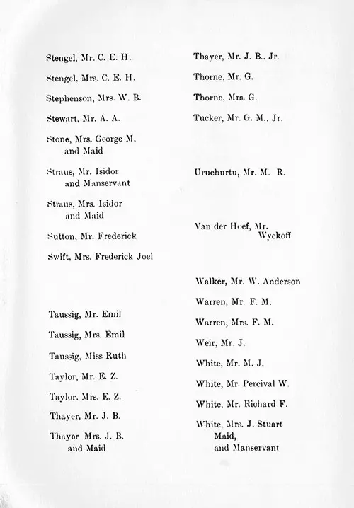 Page 11 of the First Class Passenger List, Listing Passengers Mr. C. E. H. Stengel through Mrs. J. Stuart White, Maid, and Manservant