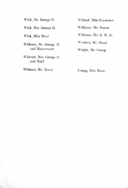 Page 12 of the First Class Passenger List, Listing Passengers Mr. George D. Wick through Miss Marie Young