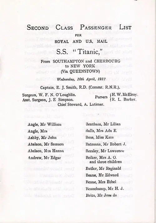 Page 3 of the Second Class Passenger List, Listing Senior Officers and Passengers from Mr. William Angle to Mr. Jose de Brito.