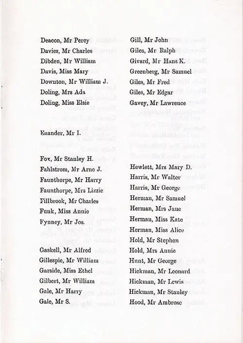 Page 5 of the Second Class Passenger List, Listing Passengers from Mr. Percy Deacon to Mr. Ambrose Hood