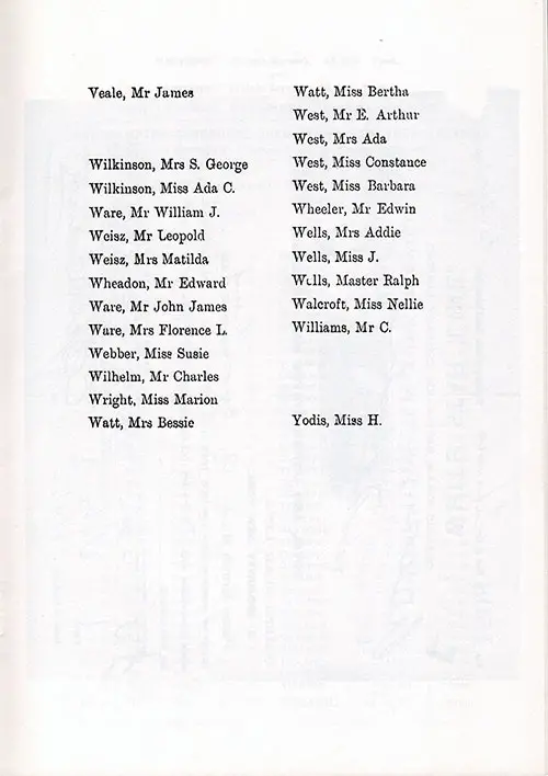 Page 8 of the Second Class Passenger List, Listing Passengers from Mr. James Veale to Miss H. Yodis
