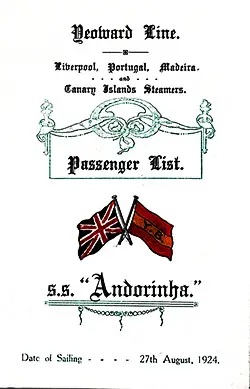 Front Cover, Tourist Passenger List from the SS Andorinha of the Yeoward Line, Departing 27 August 1924 from Liverpool to Tenerife, Madeira, The Canary Islands (Las Palmas, Grand Canary), Return to Liverpool.